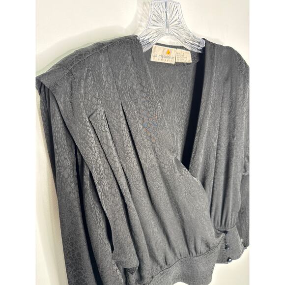 Vintage Liz Claiborne 100% Silk Wrap Blouse Black Jacquard 80s Small - Picture 5 of 13